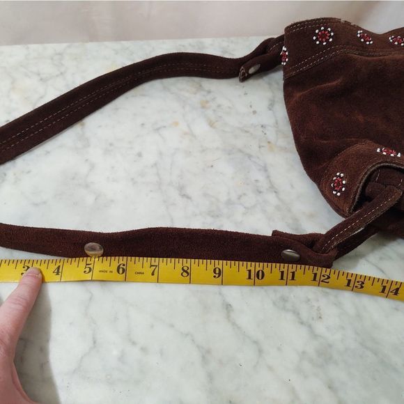 EUC Vintage Amilet Brown Suede Leather Saddle Bag Purse Shoulder Bag Bead Flower - Picture 11 of 11